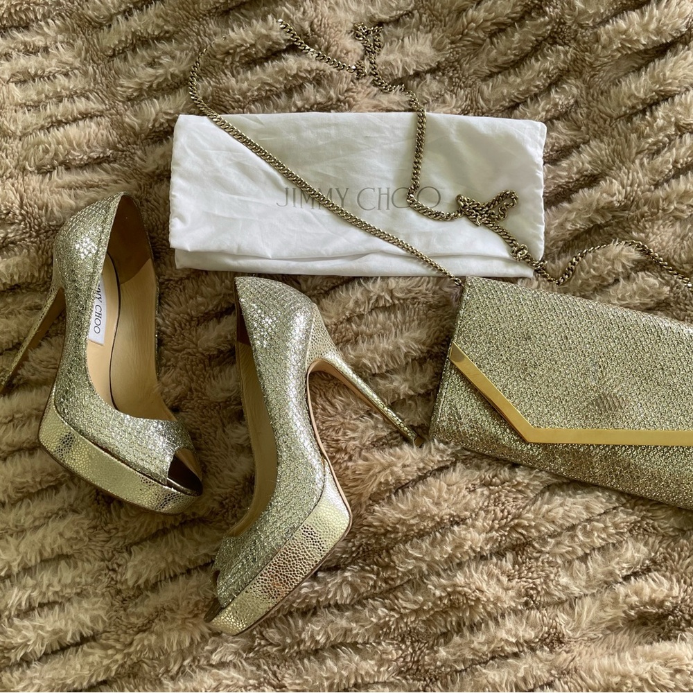 Jimmy Choo Glittering Gold/Silver Luna Platform Heels & Emmie Clutch